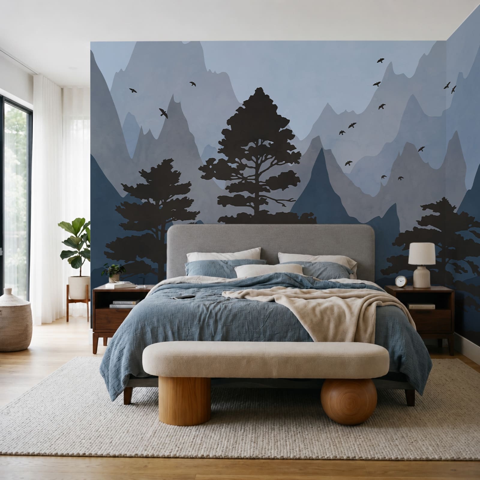 Peinture représentant des montagnes et des arbres