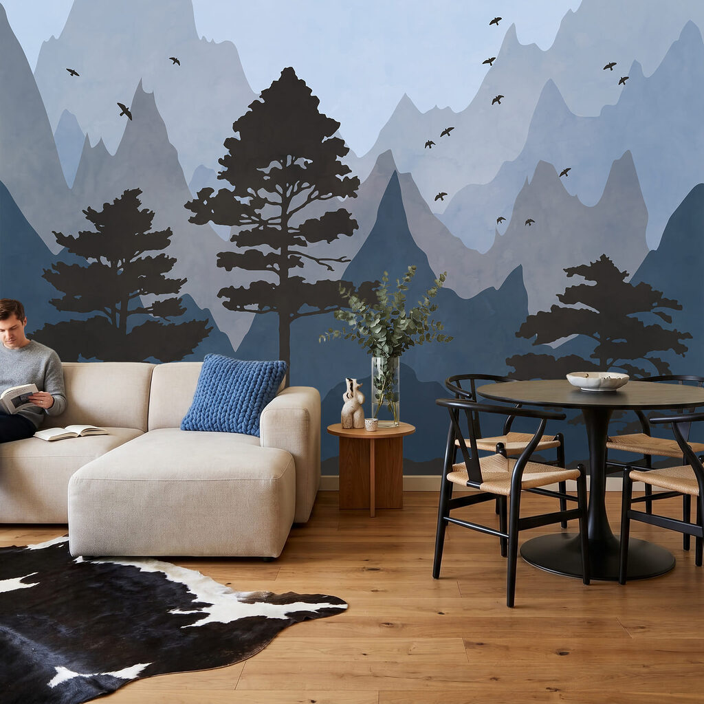 Peinture représentant des montagnes et des arbres