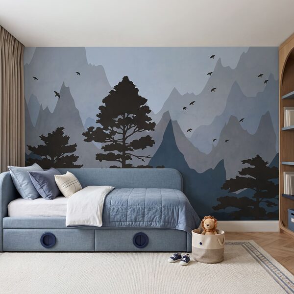Peinture représentant des montagnes et des arbres