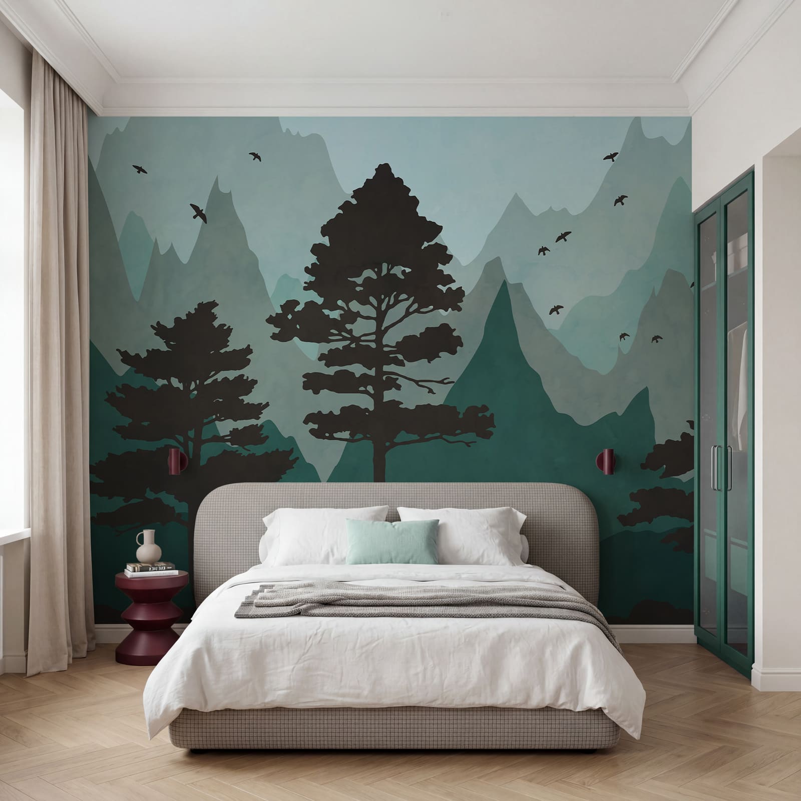 Tableau représentant une forêt avec des montagnes et des oiseaux Tableau représentant une forêt avec des montagnes et des oiseaux