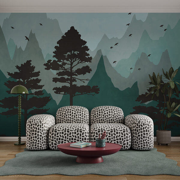 Tableau représentant une forêt avec des montagnes et des oiseaux Tableau représentant une forêt avec des montagnes et des oiseaux