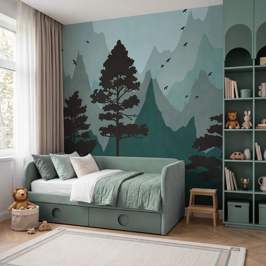 Tableau représentant une forêt avec des montagnes et des oiseaux Tableau représentant une forêt avec des montagnes et des oiseaux