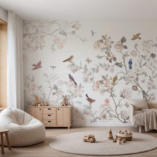 Scène florale avec des oiseaux colorés Scène florale avec des oiseaux colorés
