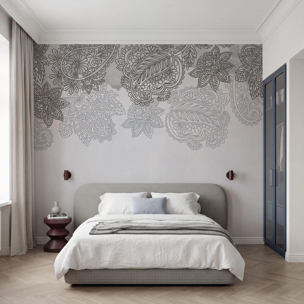 Fond gris et blanc avec un motif paisley