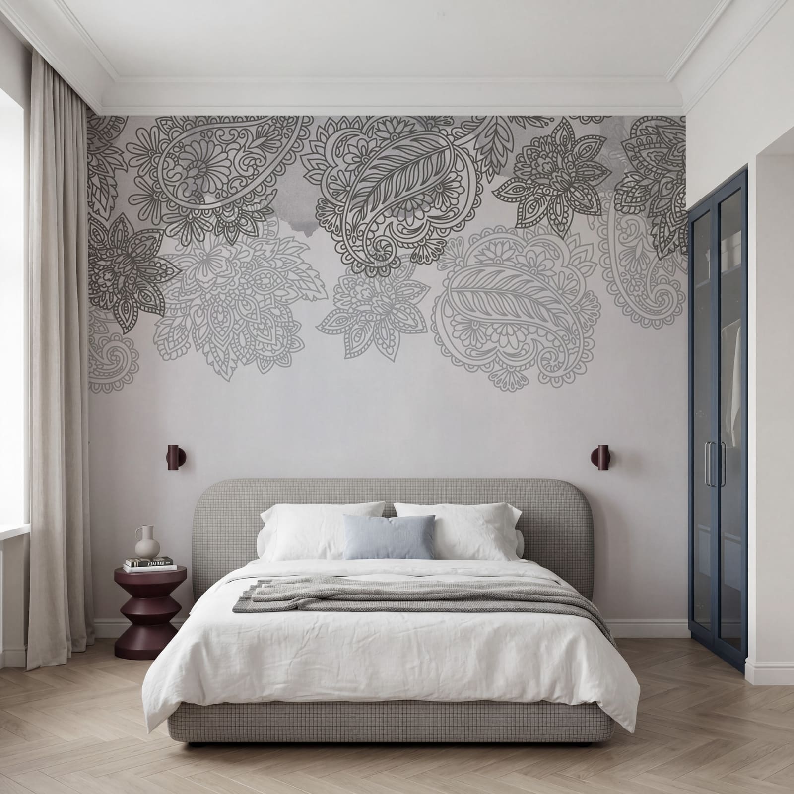 Fond gris et blanc avec un motif paisley
