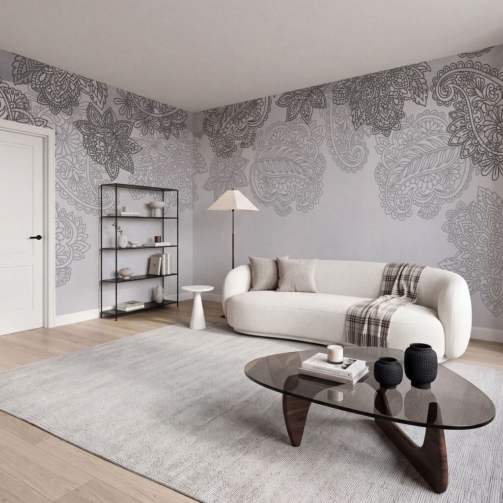Fond gris et blanc avec un motif paisley