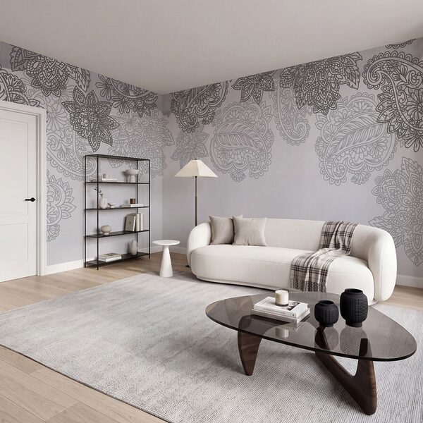 Fond gris et blanc avec un motif paisley