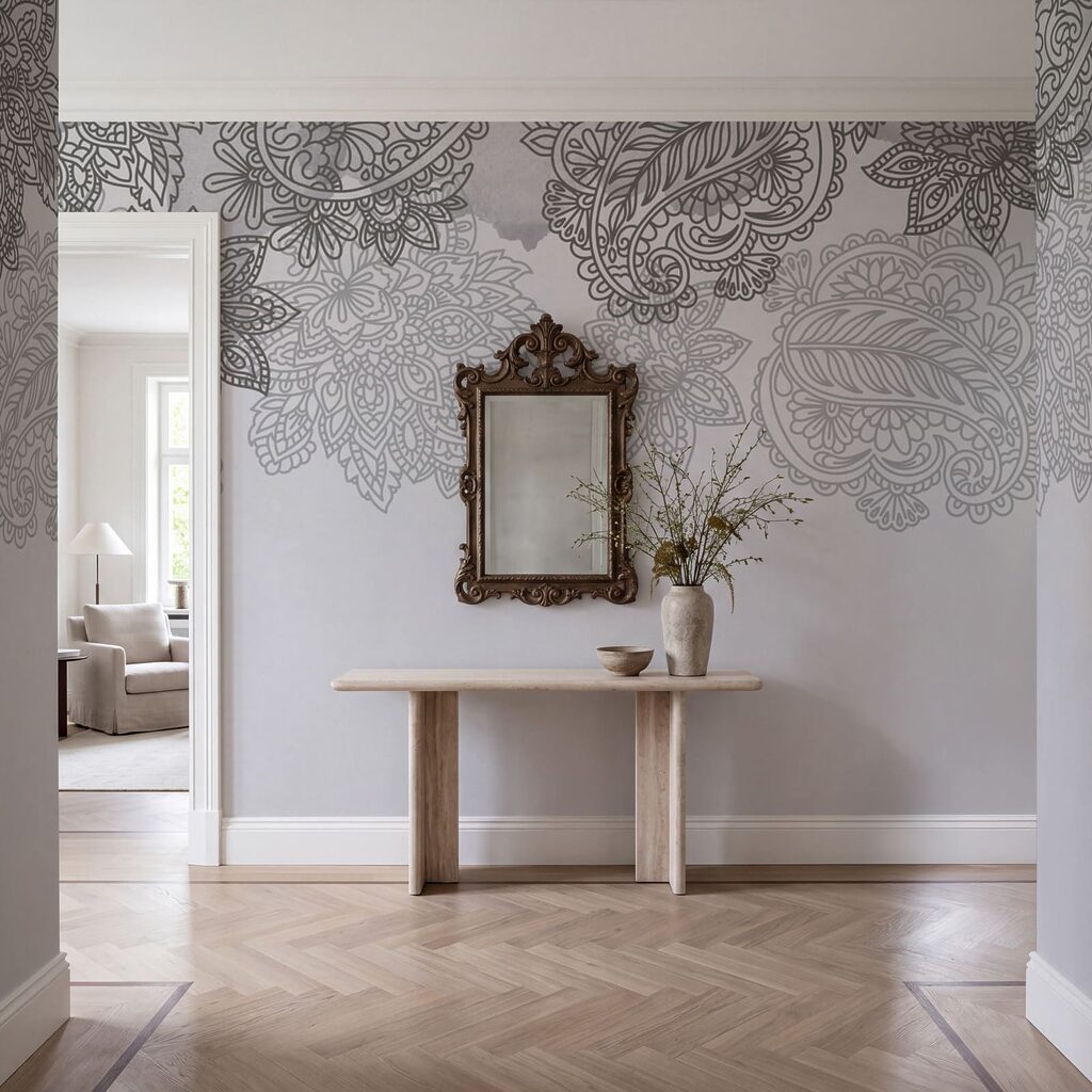 Fond gris et blanc avec un motif paisley
