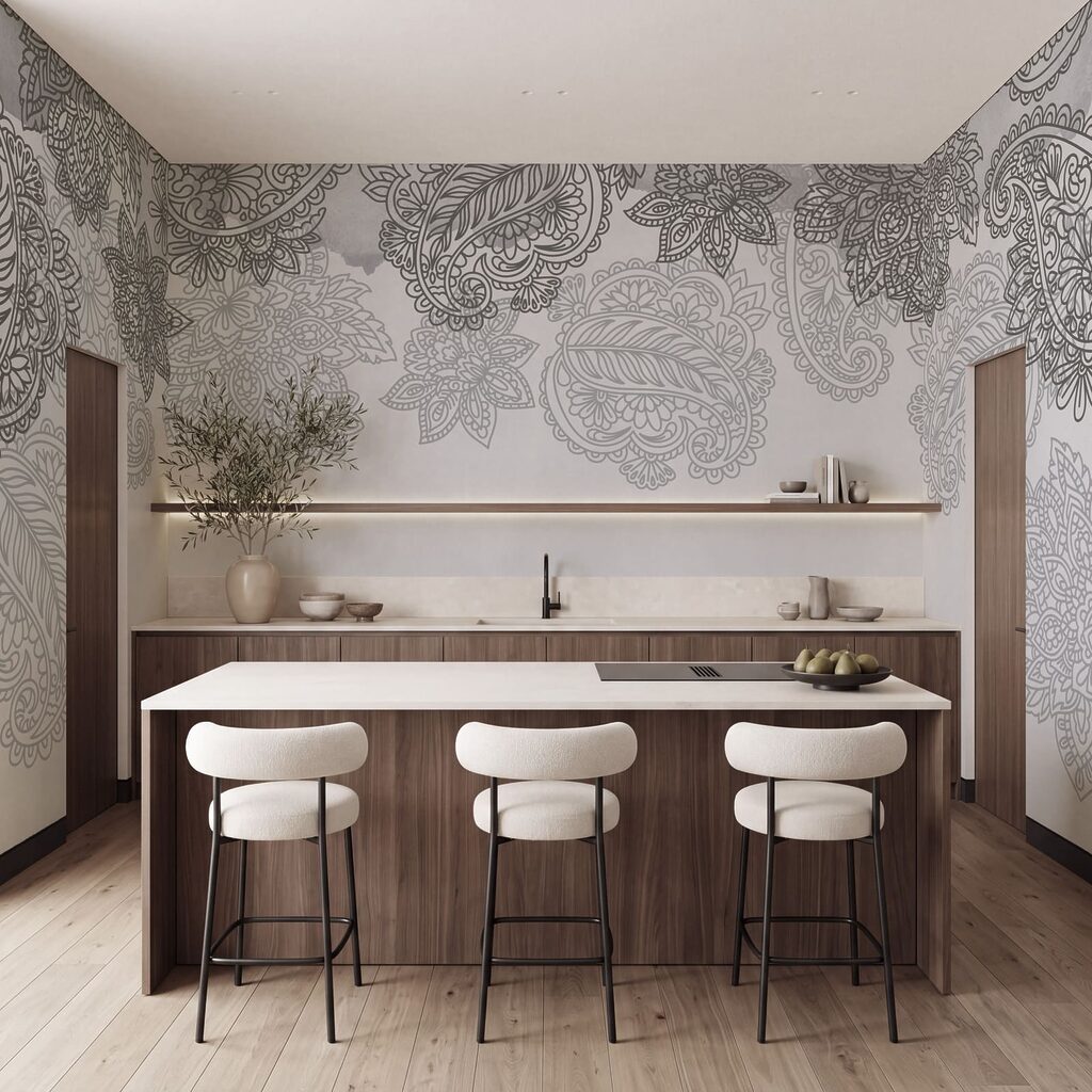 Fond gris et blanc avec un motif paisley