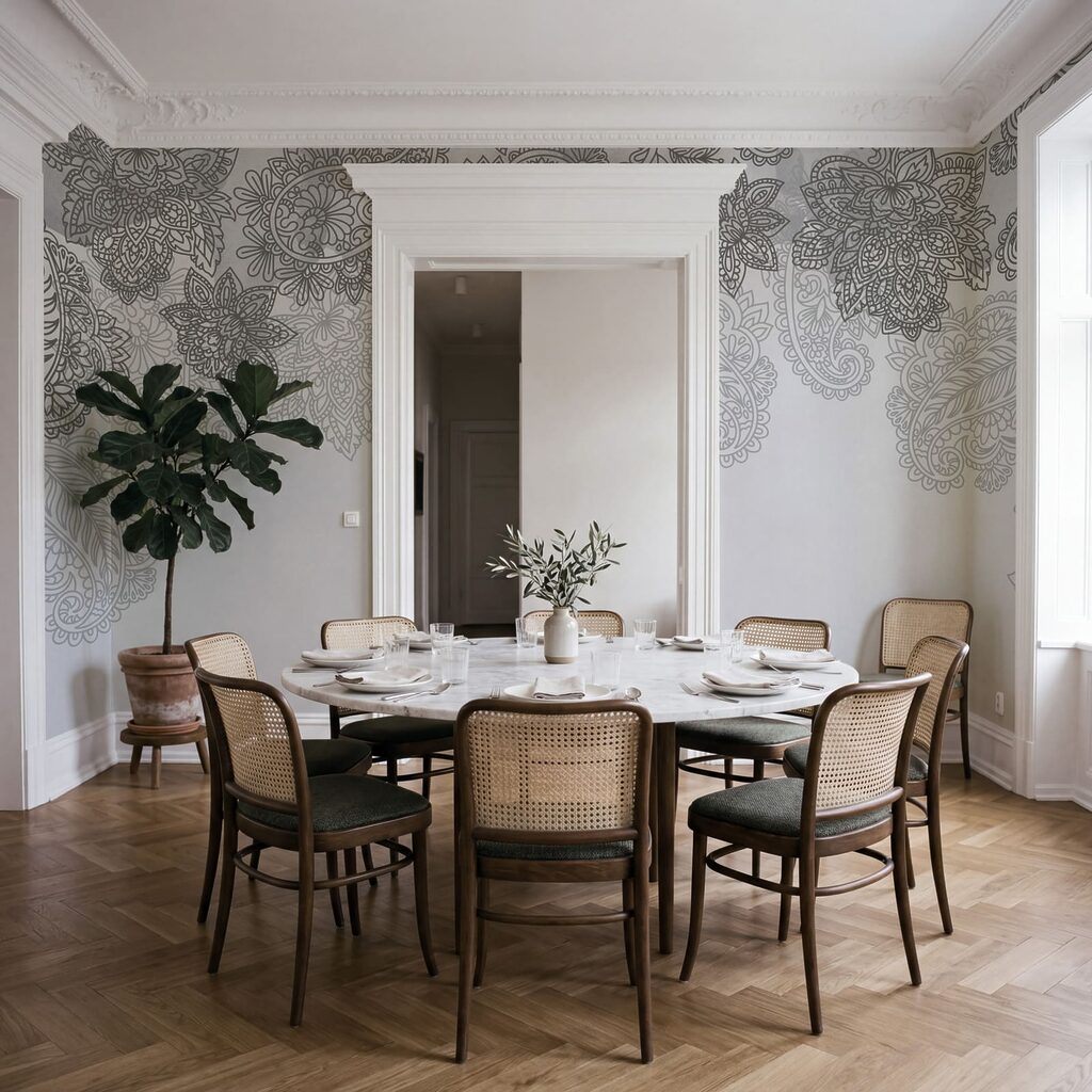 Fond gris et blanc avec un motif paisley