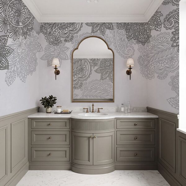 Fond gris et blanc avec un motif paisley
