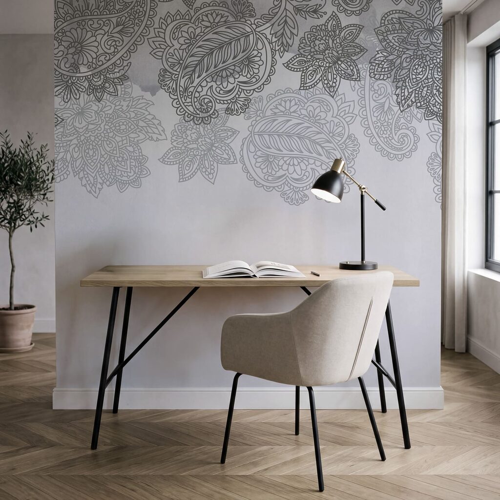 Fond gris et blanc avec un motif paisley