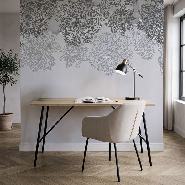 Fond gris et blanc avec un motif paisley