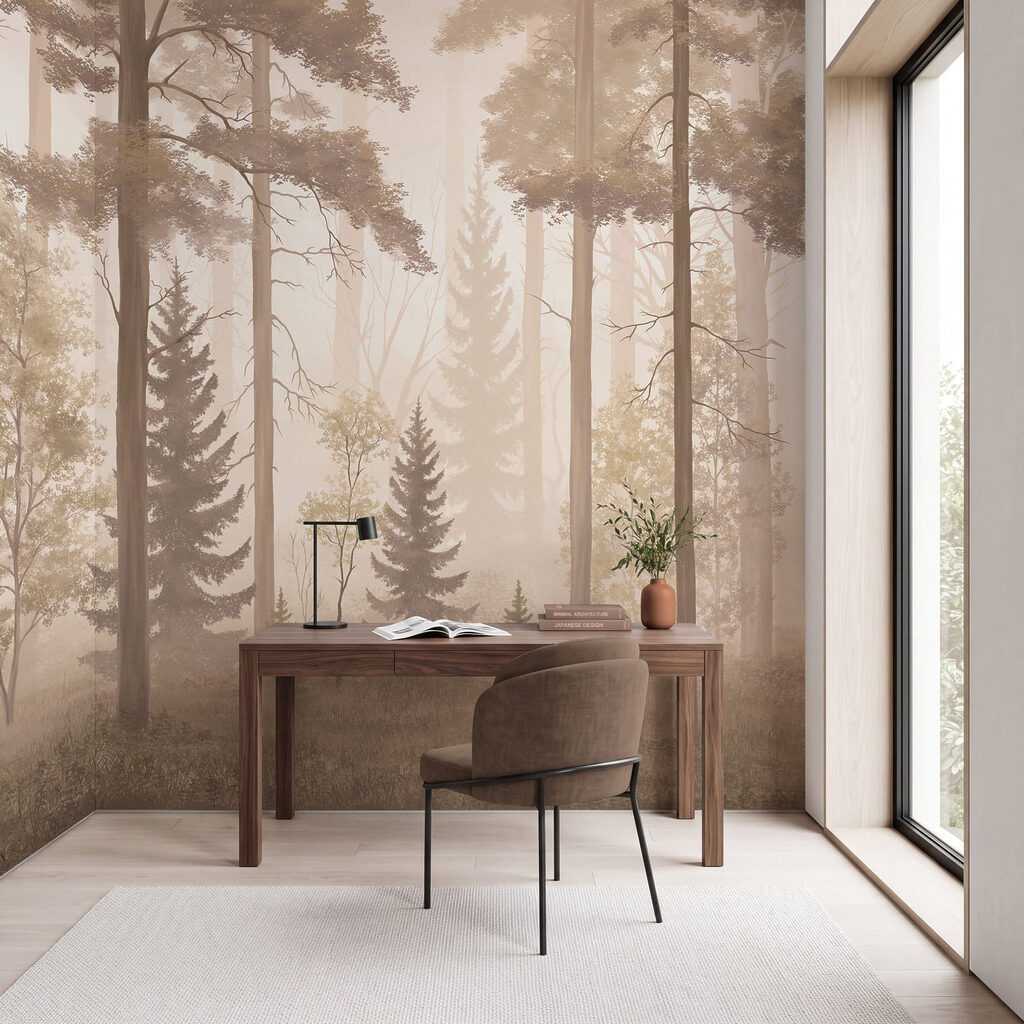 Forêt brumeuse avec des arbres Forêt brumeuse avec des arbres