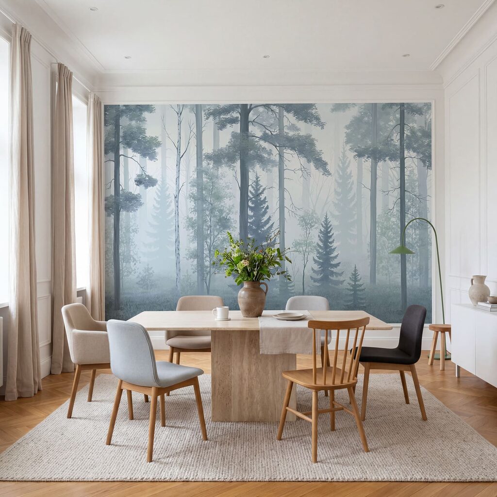 Forêt brumeuse avec des arbres Forêt brumeuse avec des arbres