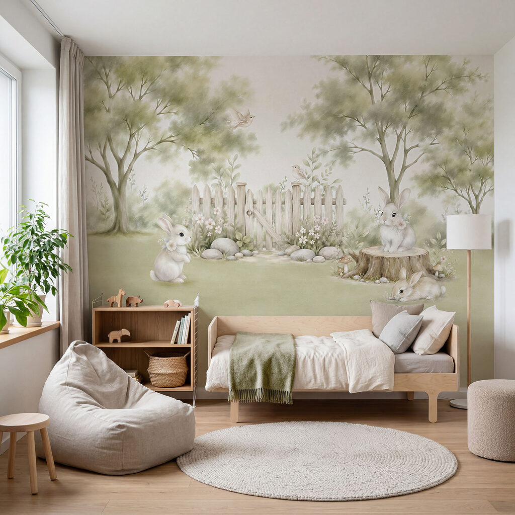 Tableau représentant des lapins dans un jardin