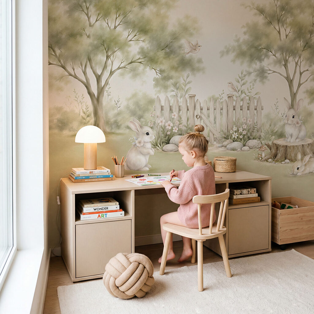 Tableau représentant des lapins dans un jardin