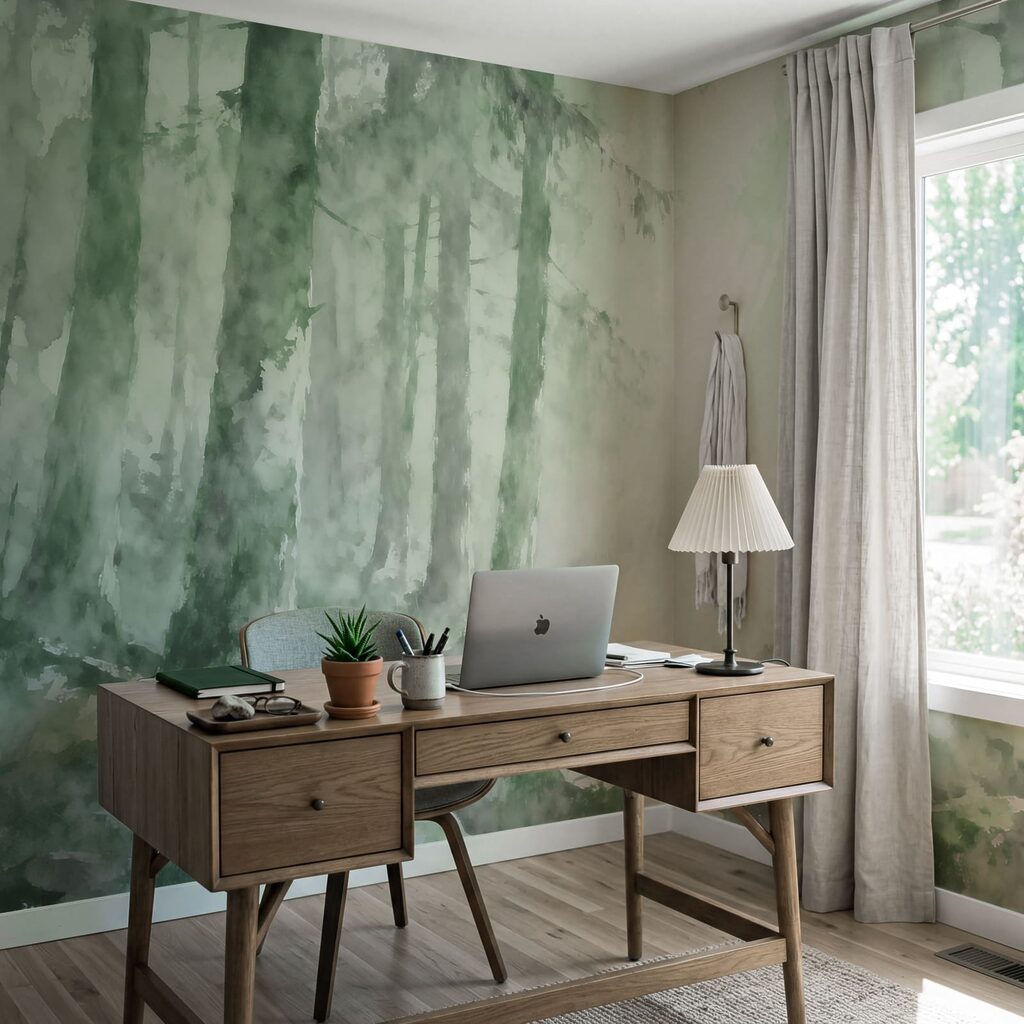 Aquarelle représentant une forêt avec des rochers et des arbres