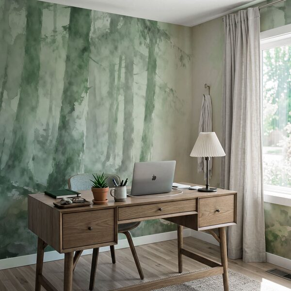 Aquarelle représentant une forêt avec des rochers et des arbres Aquarelle représentant une forêt avec des rochers et des arbres