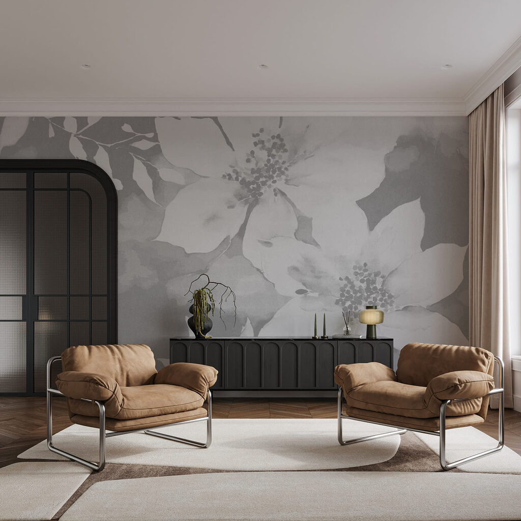 Des fleurs blanches sur fond gris