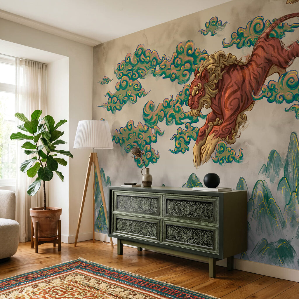 Peinture représentant un tigre et des nuages