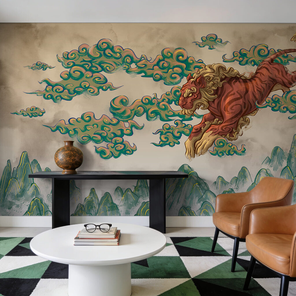 Peinture représentant un tigre et des nuages