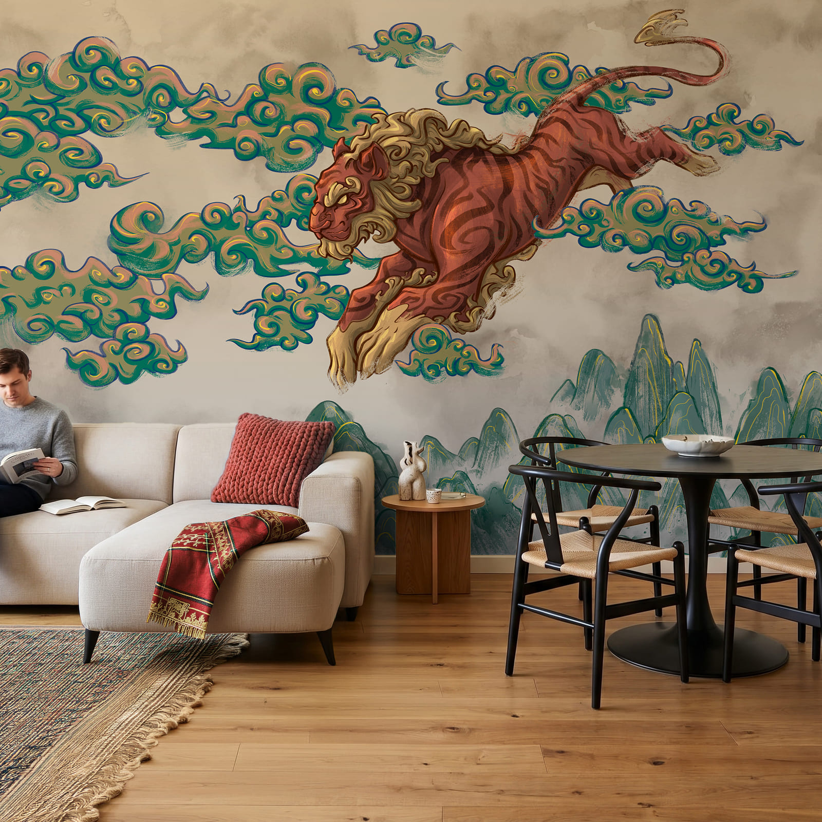 Peinture représentant un tigre et des nuages