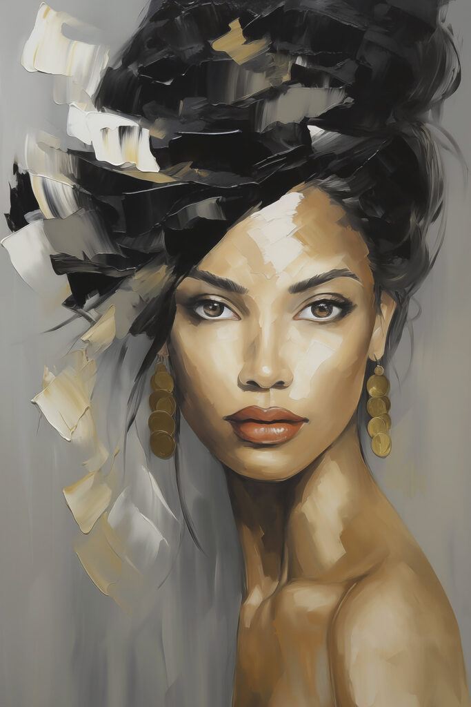 Painting of a woman with a large black and white hair Painting of a woman with a large black and white hair