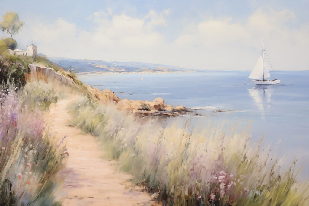 Path leading to a body of water with a sailboat Path leading to a body of water with a sailboat