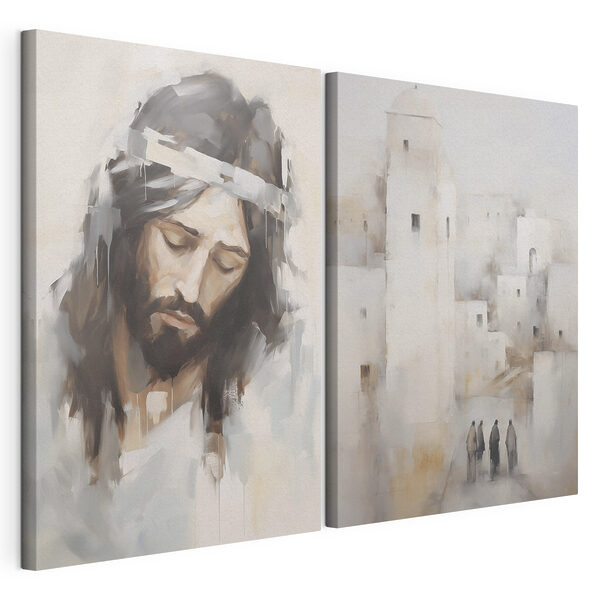 Impression sur toile modulaire Tableau représentant un homme coiffé d'une couronne de cheveux et une ville