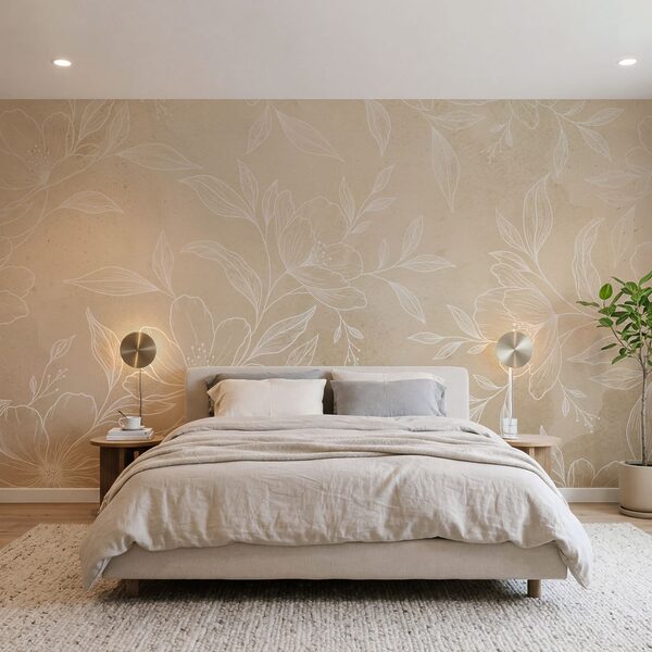 Des fleurs et des feuilles blanches sur un fond beige