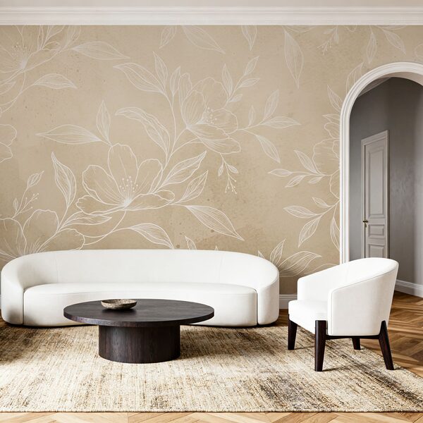 Des fleurs et des feuilles blanches sur un fond beige
