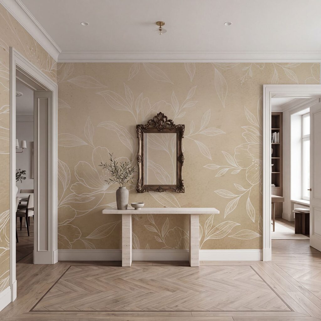 Des fleurs et des feuilles blanches sur un fond beige