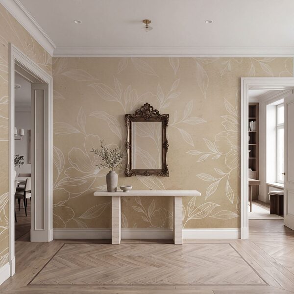 Des fleurs et des feuilles blanches sur un fond beige