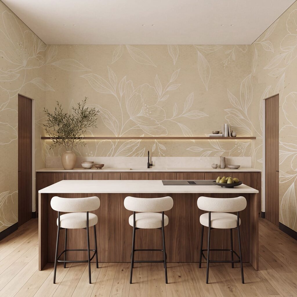 Des fleurs et des feuilles blanches sur un fond beige