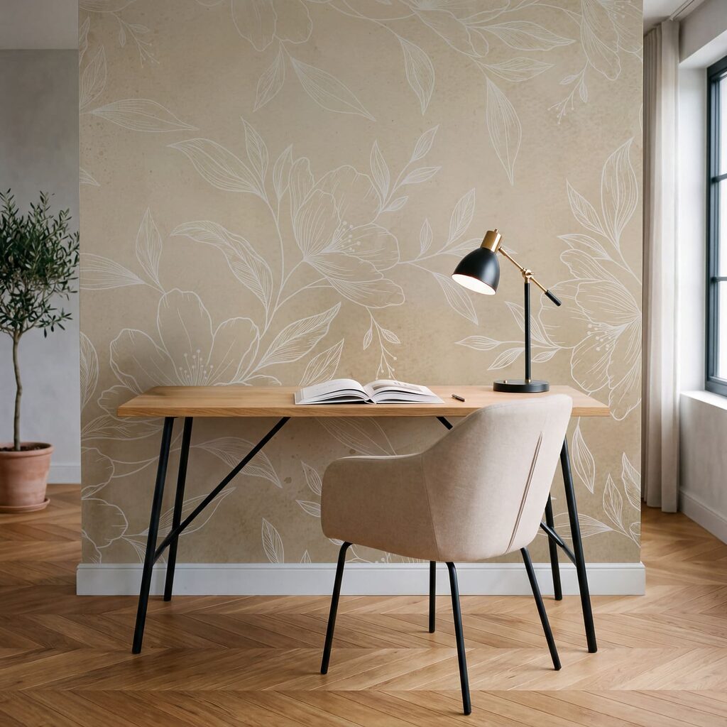 Des fleurs et des feuilles blanches sur un fond beige