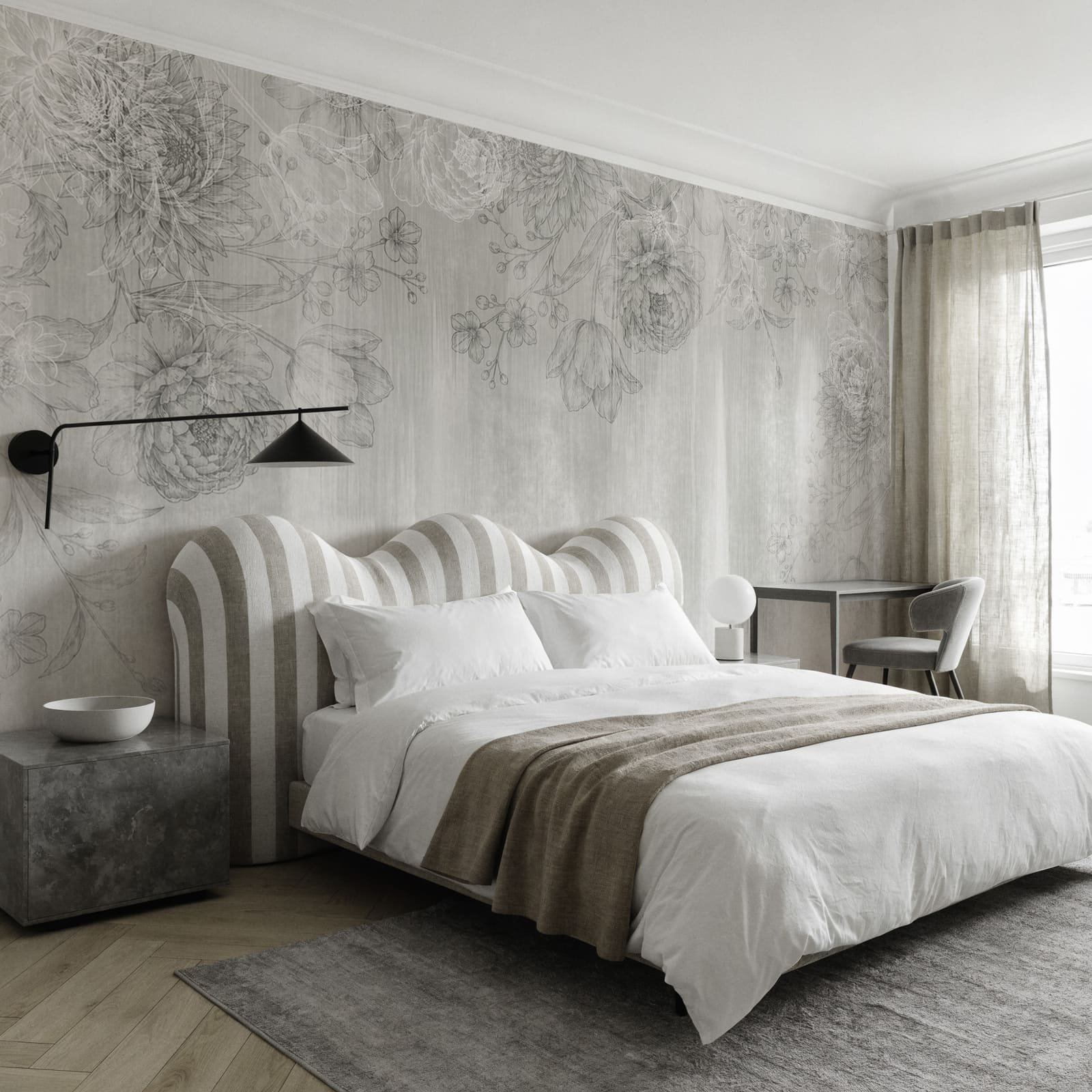 Motif floral blanc et gris