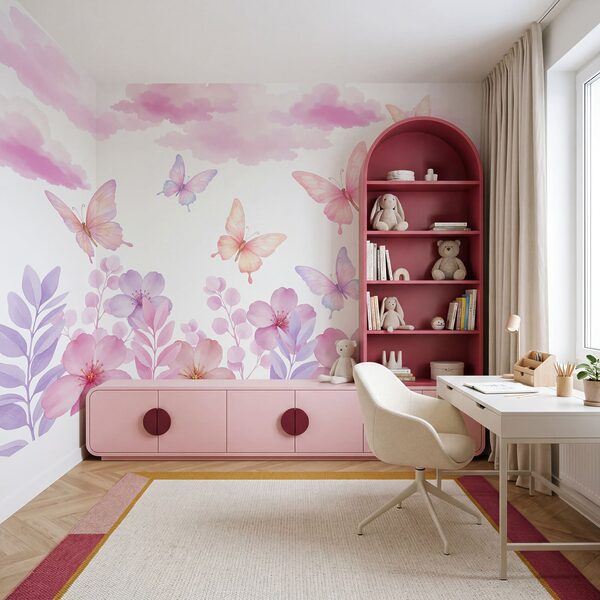 Fleurs roses et violettes et papillons