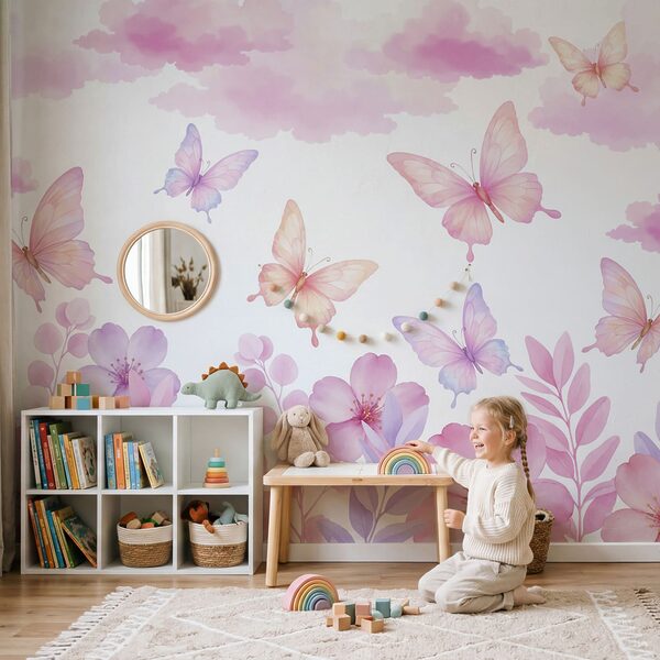 Fleurs roses et violettes et papillons
