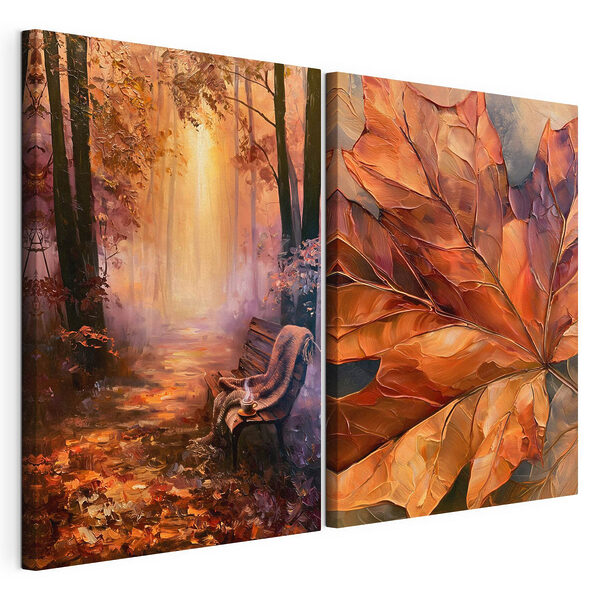 Peinture représentant un banc et une feuille Impression sur toile modulaire Peinture représentant un banc et une feuille
