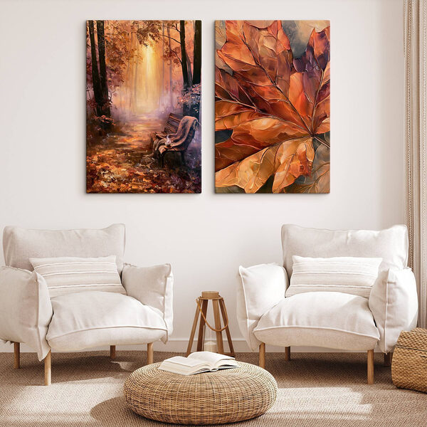 Painting of a bench and a leaf Painting of a bench and a leaf