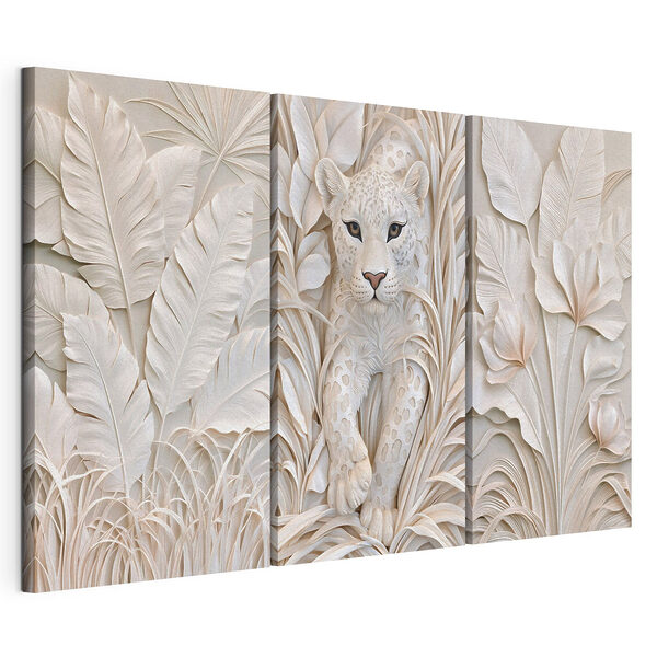 Sculpture de tigre blanc avec des feuilles Impression sur toile modulaire Sculpture de tigre blanc avec des feuilles