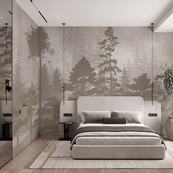 Groupe d'arbres avec des oiseaux en vol Papier peint Groupe d'arbres avec des oiseaux en vol