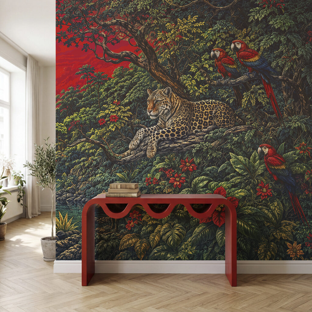 Tableau représentant une rivière avec une cascade et un tigre Tableau représentant une rivière avec une cascade et un tigre