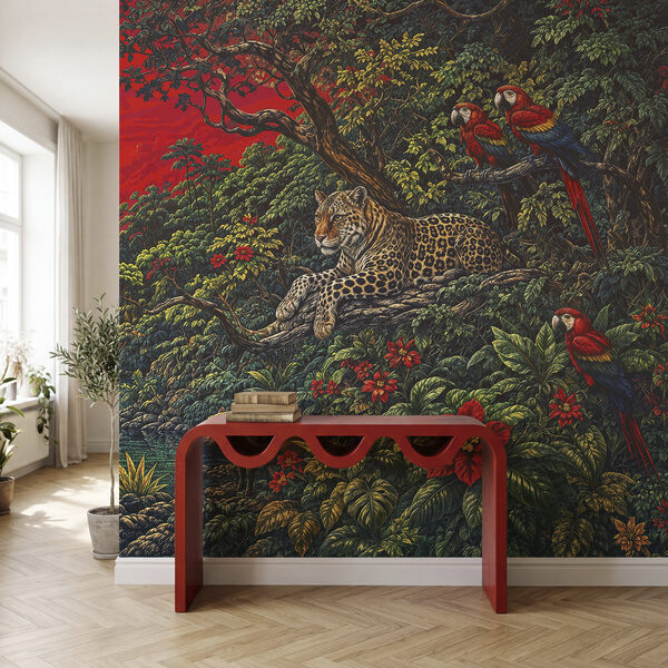 Tableau représentant une rivière avec une cascade et un tigre Tableau représentant une rivière avec une cascade et un tigre