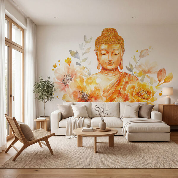 Papier peint Papier peint Peinture représentant un Bouddha entouré de fleurs (UGS : w04005)