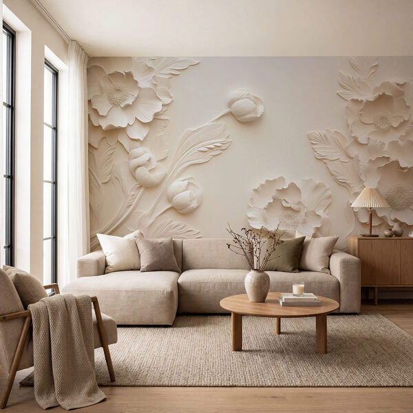 Papier peint Motif floral fantaisiste en blanc (UGS : w04060)