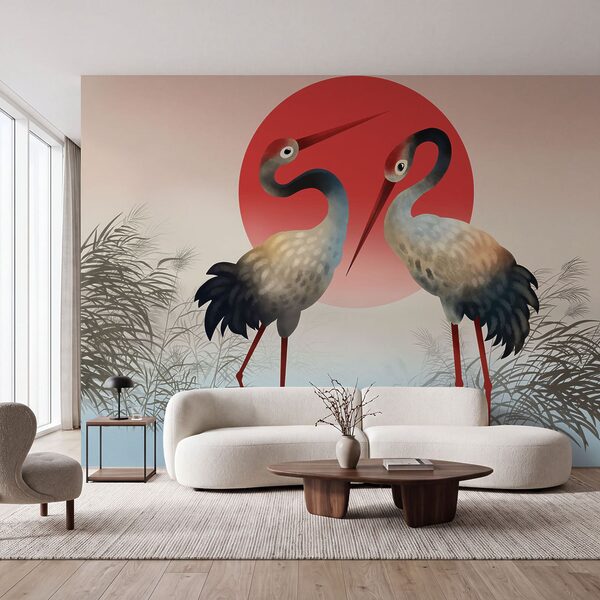 Papier peint Papier peint Deux oiseaux devant un soleil rouge (UGS : t01009)