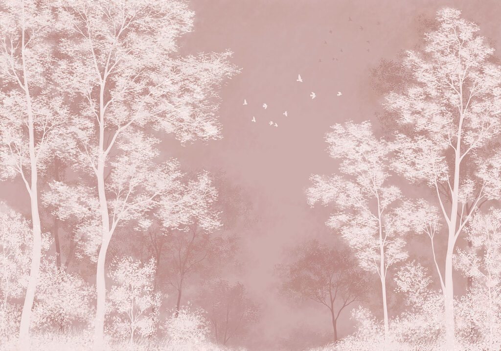 Papier peint Un groupe d'arbres avec des oiseaux volant dans le ciel (UGS : t01043)
