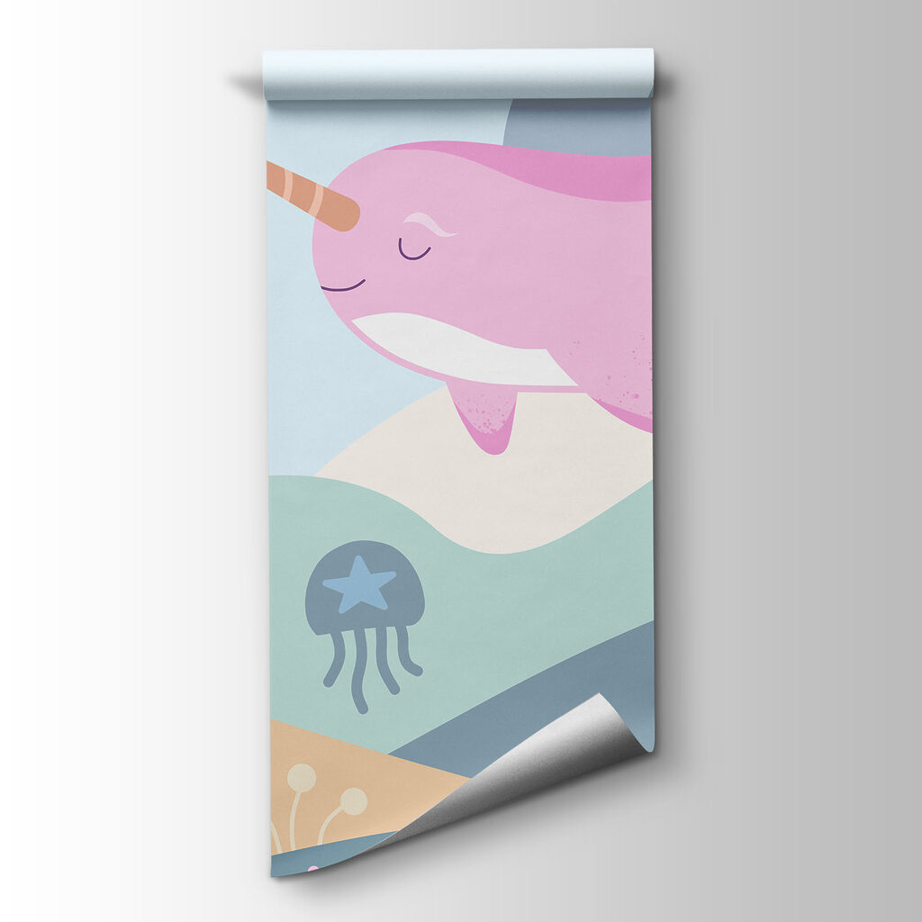 Papier peint Dessin humoristique représentant un narval nageant dans la mer (UGS : t01053)